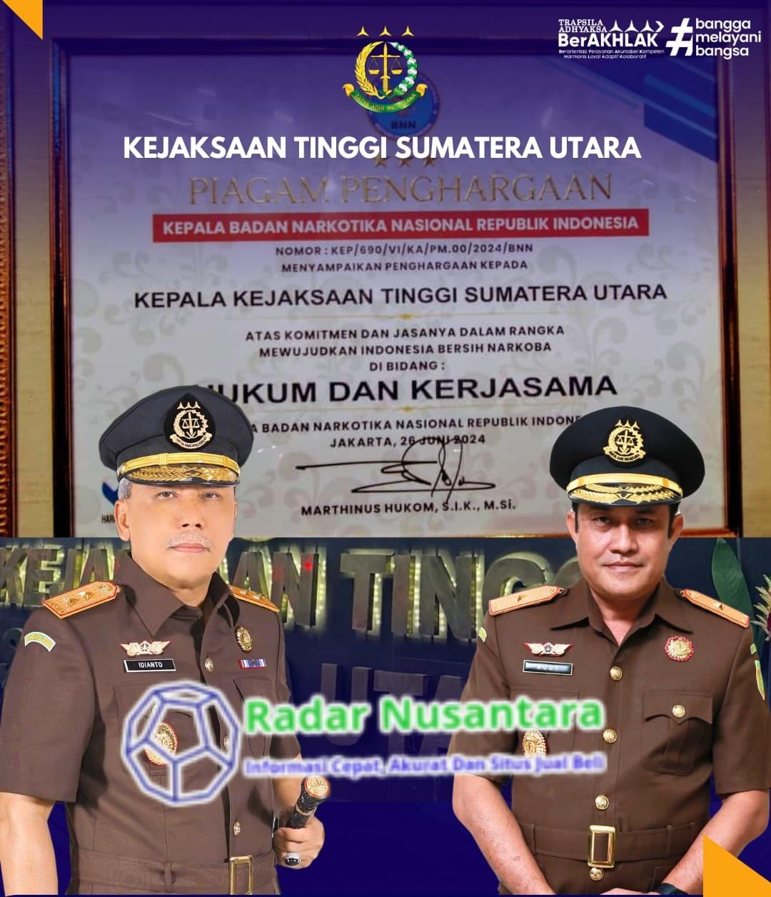 Kajati Sumut idianto Terima Penghargaan Komitmen dan Jasanya Wujudkan Indonesia Bersih Narkoba