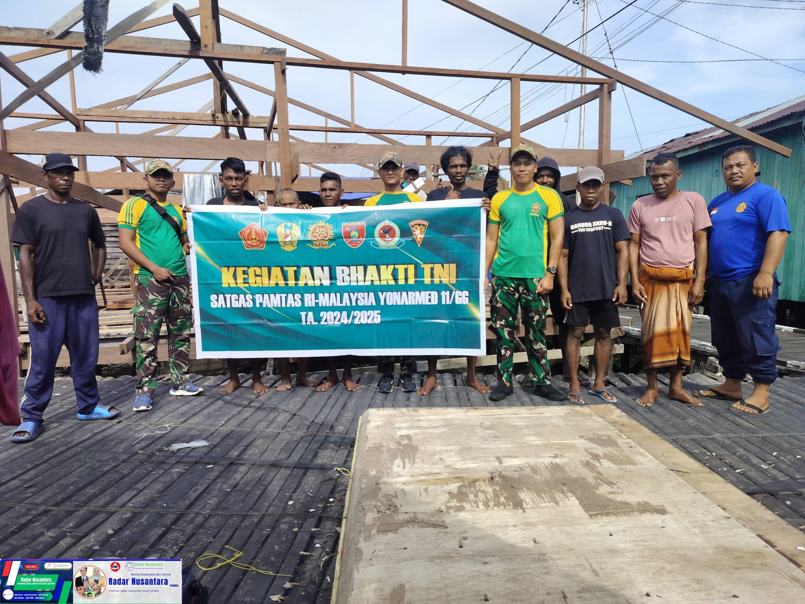 Satgas Pamtas Yonarmed 11 Kostrad Perkuat Kebersamaan, Bantu Pembangunan Rumah Warga di Perbatasan