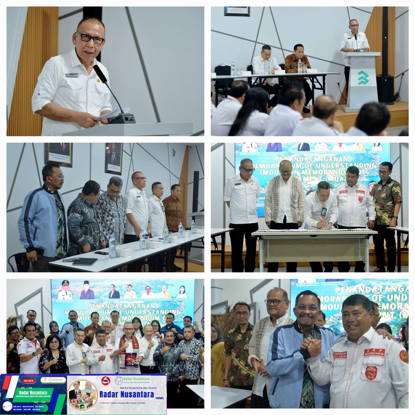 Keterangan FOTO : Pj. Sekretaris Daerah Provinsi Sumatera Utara (Sumut) Effendy Pohan menyaksikan penanda tanganan Nota Kesepahaman dan Nota Kerjasama Badan Pengelola Toba Caldera UNESCO Global Geopark dengan Dewan Pengurus Pusat Komite Masyarakat Danau Toba, Universitas Pembangunan Panca Budi, dan Universitas Prima Indonesia di Ruang Rapat Kantor Bappedalitbang Sumut Jalan Diponegoro Kota Medan, Kamis (13/2). Hal ini dilakukan untuk memastikan kesiapan Danau Toba dalam mempertahankan status UNESCO Global Geopark pada Revalidasi pertengahan tahun 2025 mendatang.