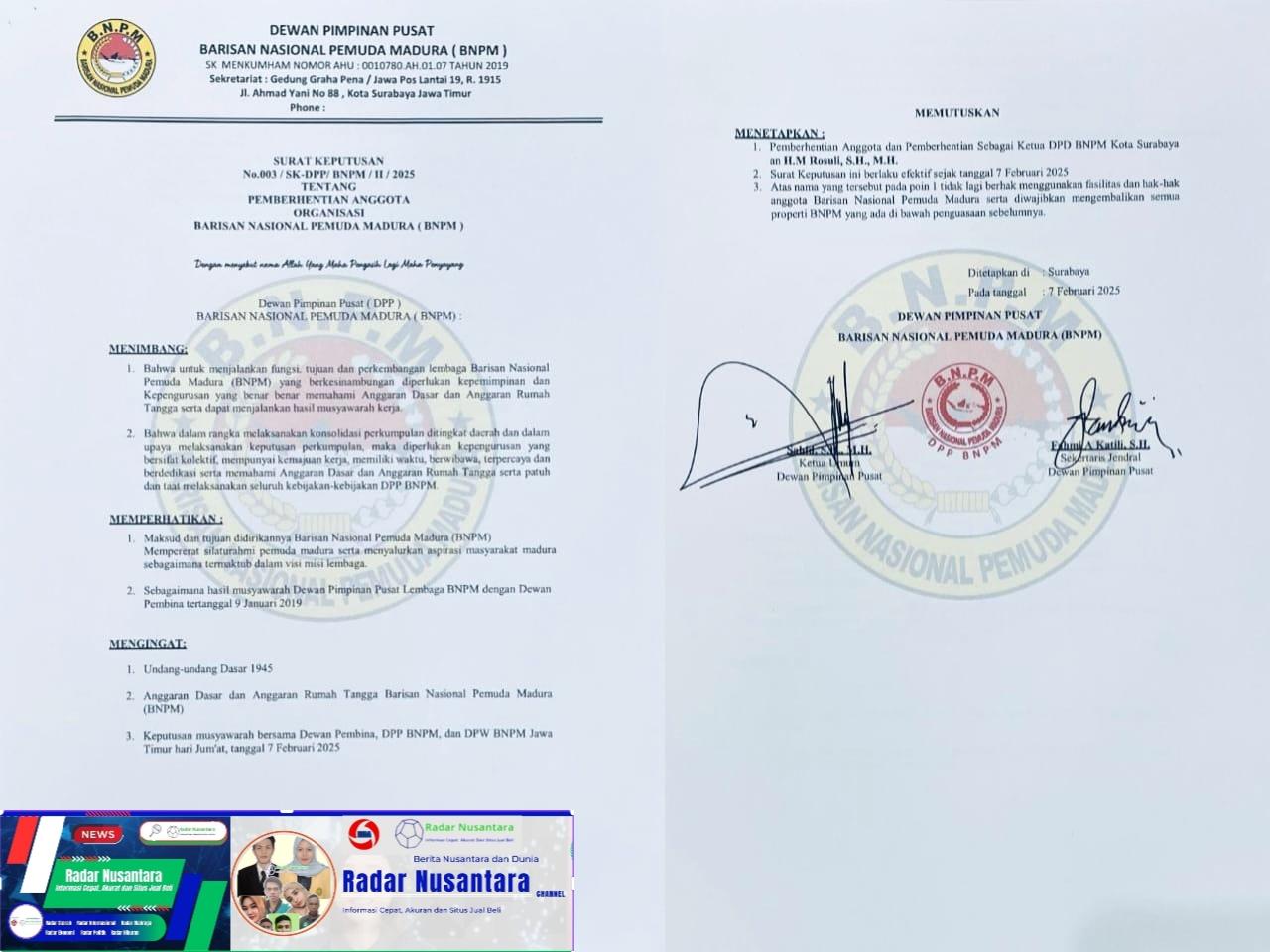 BNPM Copot Ketua DPD Surabaya: Instansi Pemerintah dan Kepolisian Diminta Tidak Lagi Mengakui H.M. Rosuli, S.H., M.H.