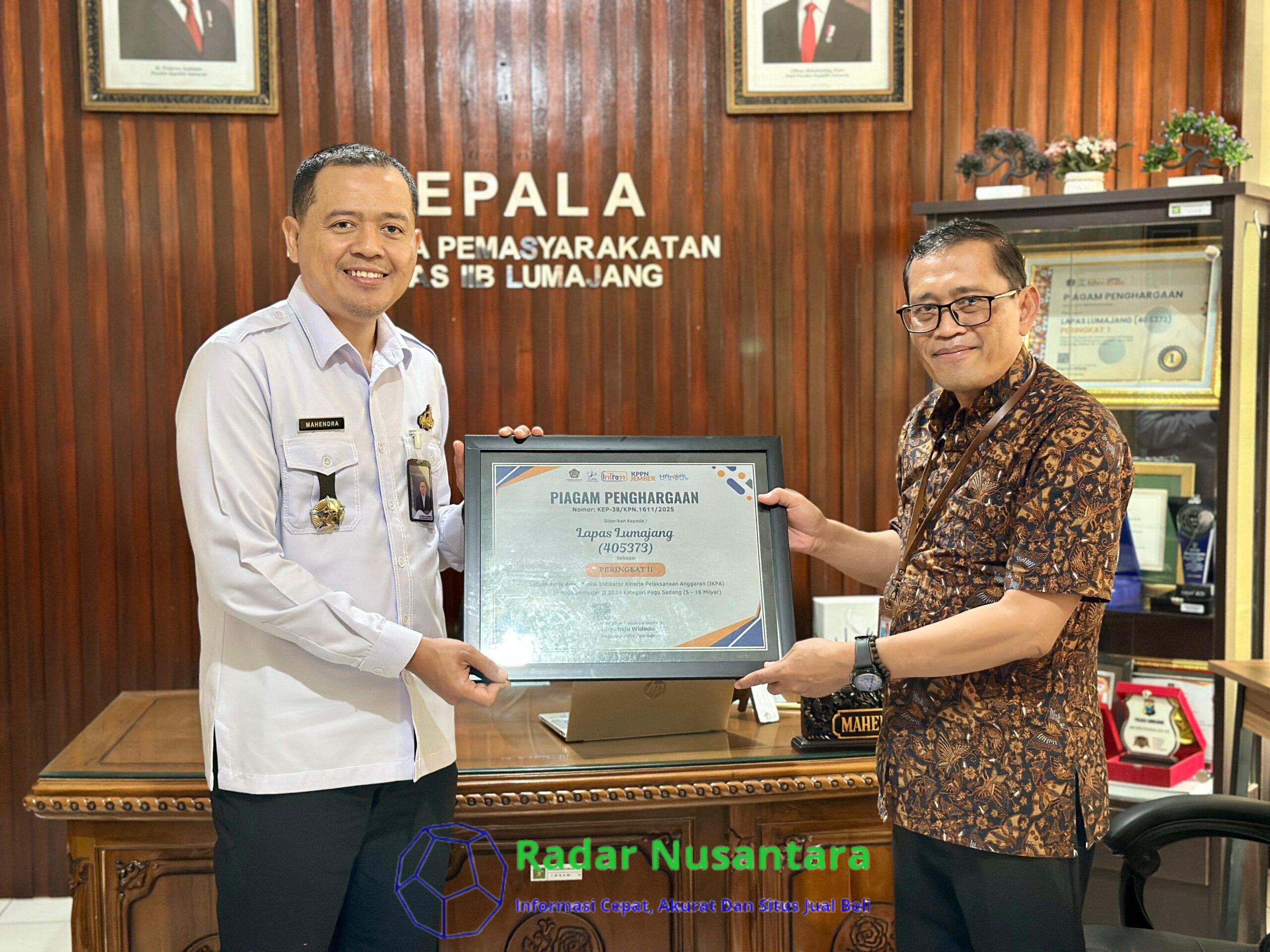 Lapas Lumajang Raih Peringkat 2 IKPA Kategori Pagu Sedang, Penghargaan Diserahkan Langsung oleh Kepala KPPN Jember